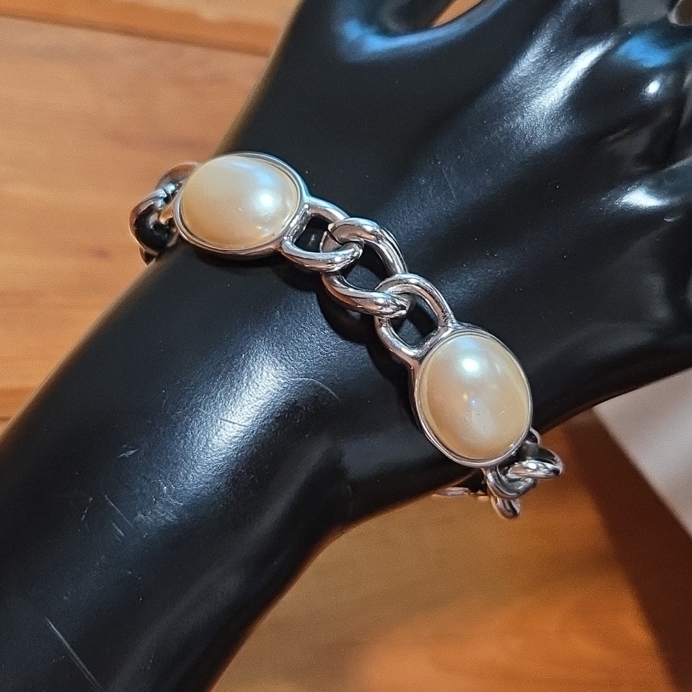 Monet Large Faux Pearl Silver Chain Link Bracelet